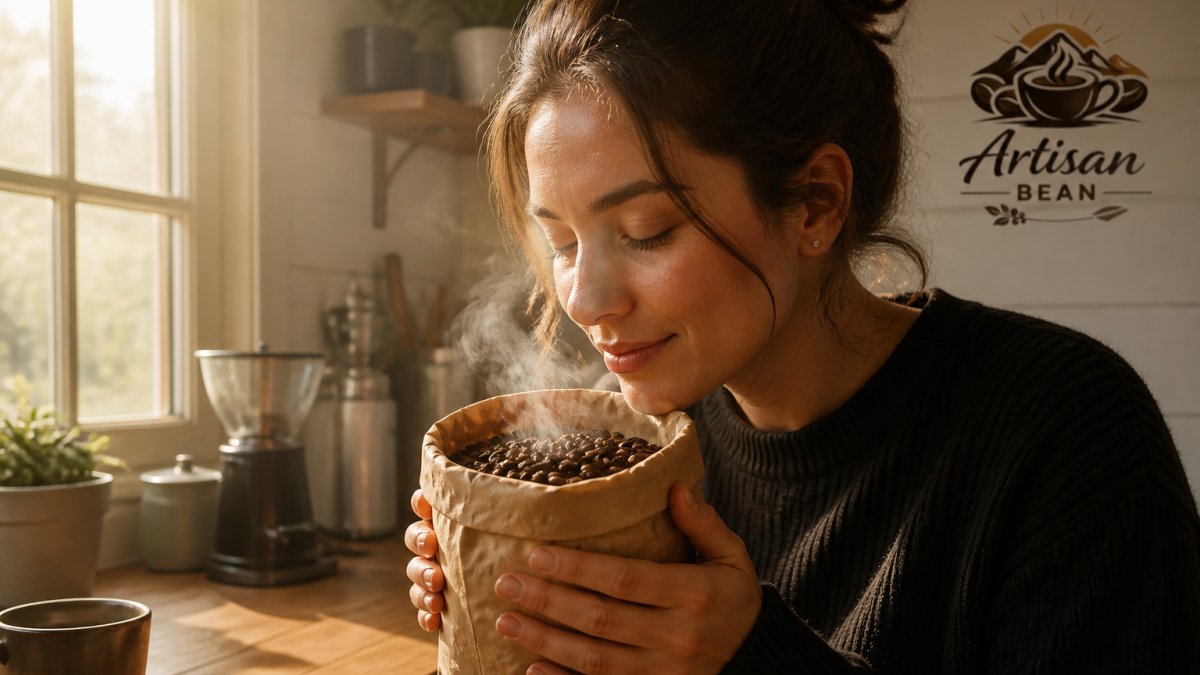 Person inhaling the rich aroma of freshly roasted coffee beans in a sunlit kitchen