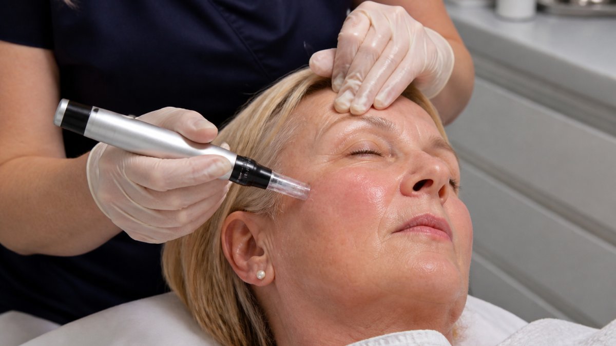 Professional practitioner's hands guiding a microneedling pen across facial skin during treatment, with visible precision and controlled technique in a clinical setting with soft overhead lighting