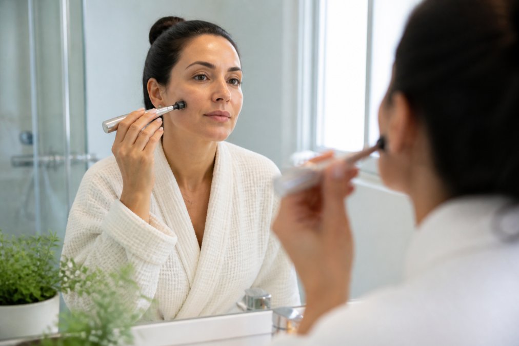 A woman in her mid-30s standing at a bright bathroom mirror, carefully gliding a pen-style microneedling device across her cheek with a calm, focused expression, soft natural light from a window