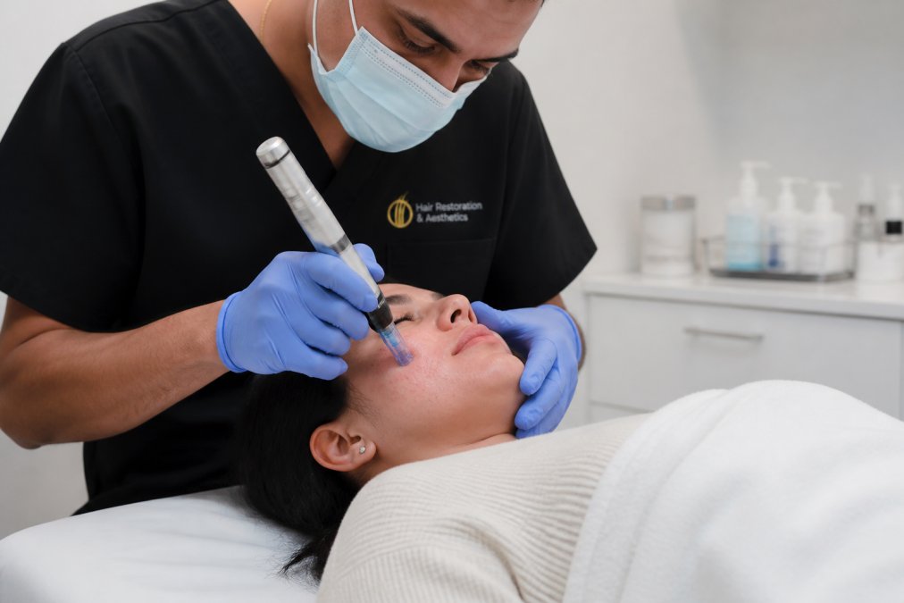 Close-up of a dermatologist's gloved hand holding a microneedling pen device over a patient's cheek in a clean, bright medical clinic