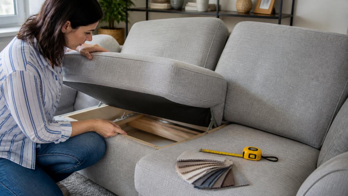A person in a bright living room lifting the cushion of a sofa to inspect the frame and joinery underneath, with a fabric swatch and tape measure resting on the seat nearby
