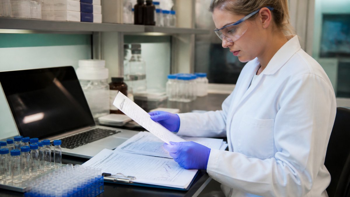 A laboratory researcher reviews quality reports at a clean bench for a peptidessource review.