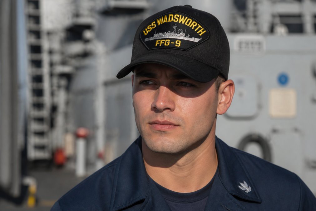 Military service member wearing authentic branch-specific embroidered USS Wadsworth cap, showing embroidery detail and craftsmanship under natural daylight