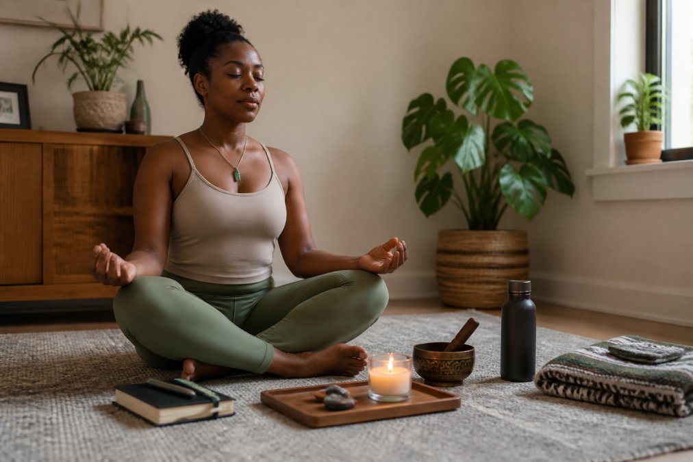Woman sitting cross-legged in a peaceful home space with a lit candle, journal, and affirmation poster visible in the background, demonstrating a personal meditation setup
