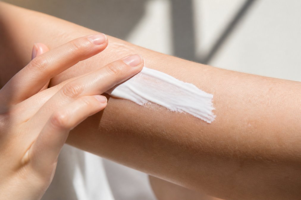Close-up of a hand applying a white, creamy sunscreen lotion to a forearm, with soft natural light and a clean, minimal background
