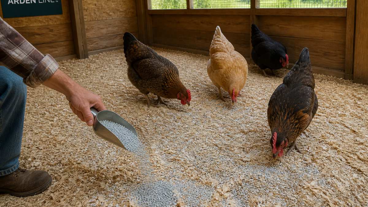 Backyard chicken coop with fresh zeolite mineral sprinkled on clean bedding, small flock of chickens foraging inside well-lit coop with natural ventilation