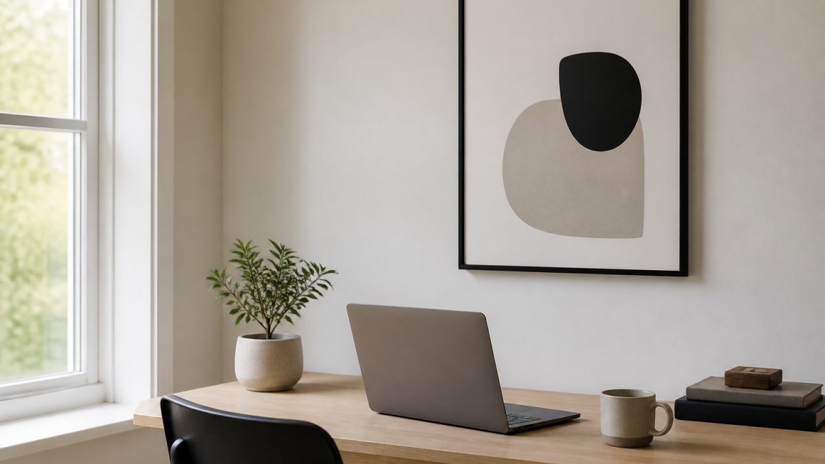 A calm minimalist home office with a light wood desk, an open laptop, a small potted plant and one framed abstract print in a thin black frame on a pale wall, soft morning light