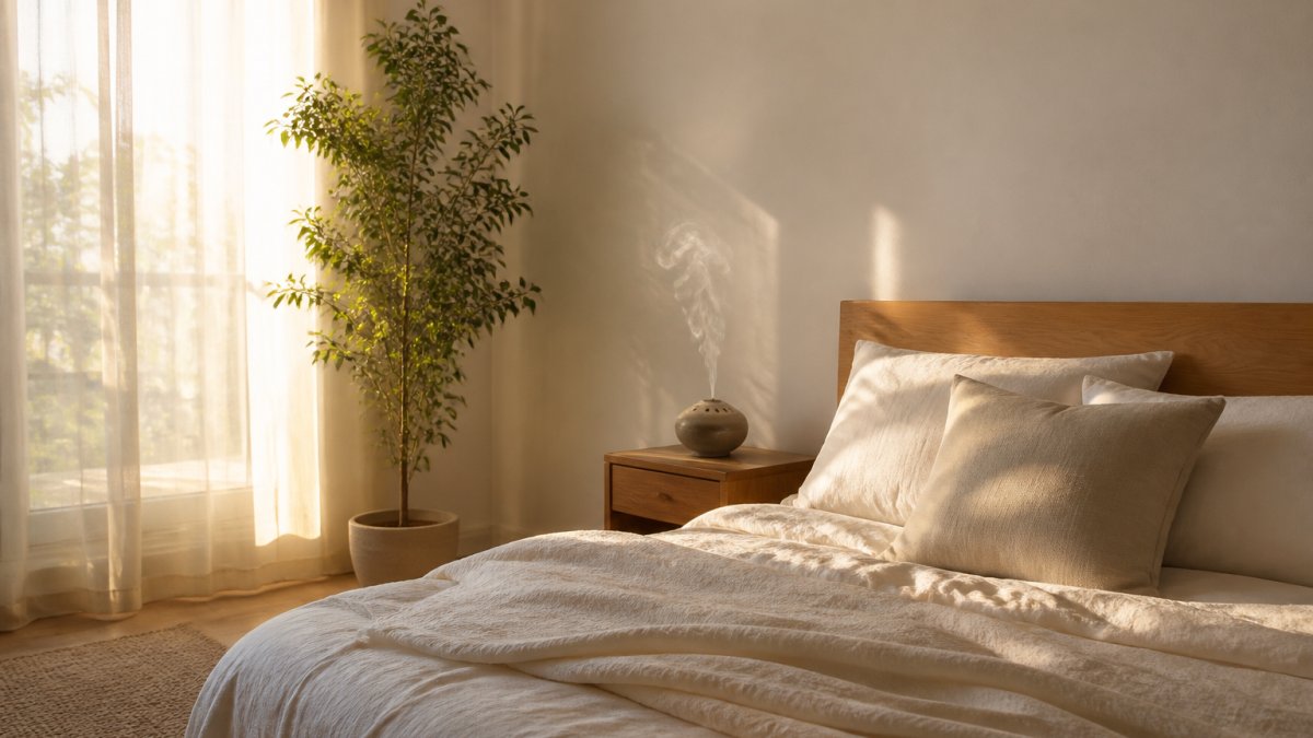 Serene minimalist bedroom with neutral linens, soft morning light, and a single plant creating a calm atmosphere.