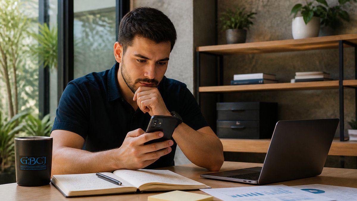 Startup founder reviewing mobile ad campaign metrics and performance data on smartphone and laptop at desk with notes and coffee, natural office lighting