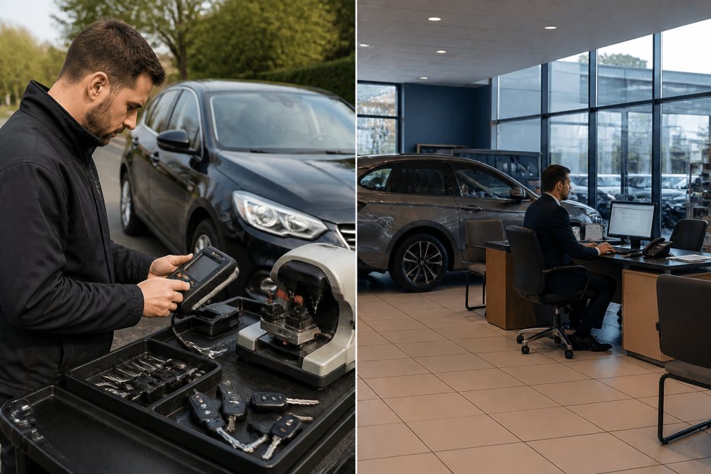 Professional locksmith technician at roadside using diagnostic equipment and tools to programme a replacement car key on-site, with vehicle visible in background and natural daylight