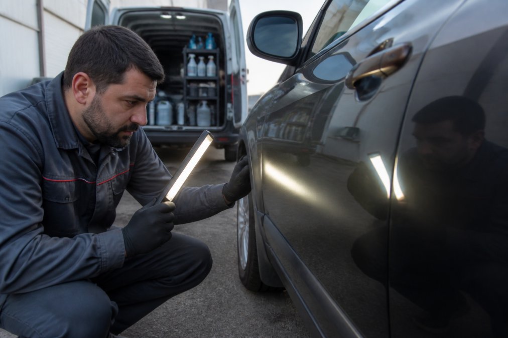 Technician using a handheld light to inspect a vehicle for professional mobile car paint repair services.