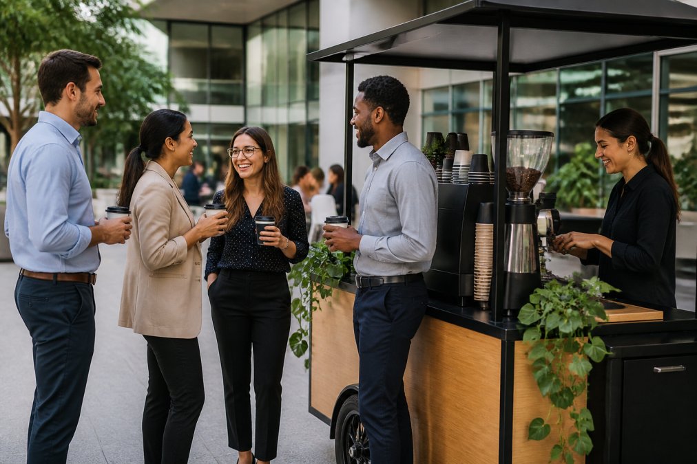 Diverse group of corporate employees enjoying specialty coffee drinks from a branded mobile coffee cart in modern office atrium, smiling and conversing