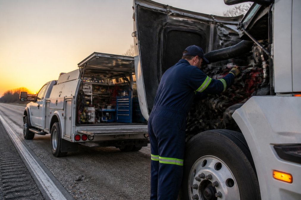 Mobile service truck with fully equipped diesel repair tools parked on highway shoulder at dawn, technician in uniform inspecting engine compartment of semi-truck