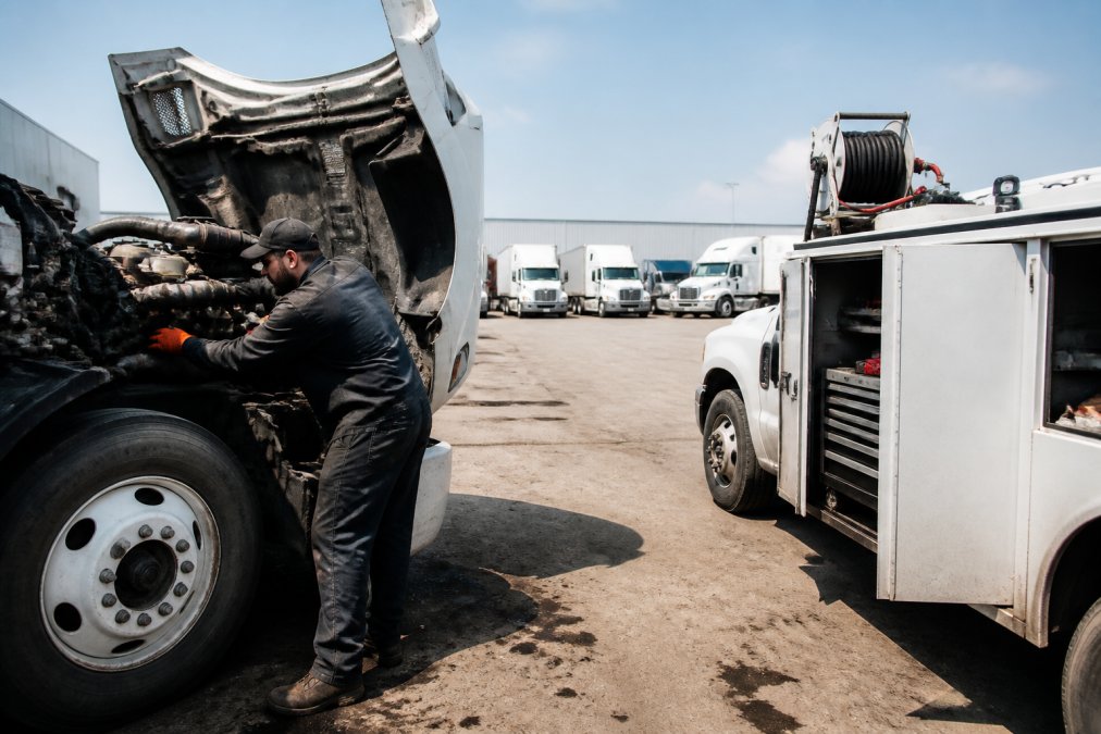 Technician performing preventive maintenance on diesel engine at a commercial truck yard or loading dock during daytime, with multiple trucks visible in background