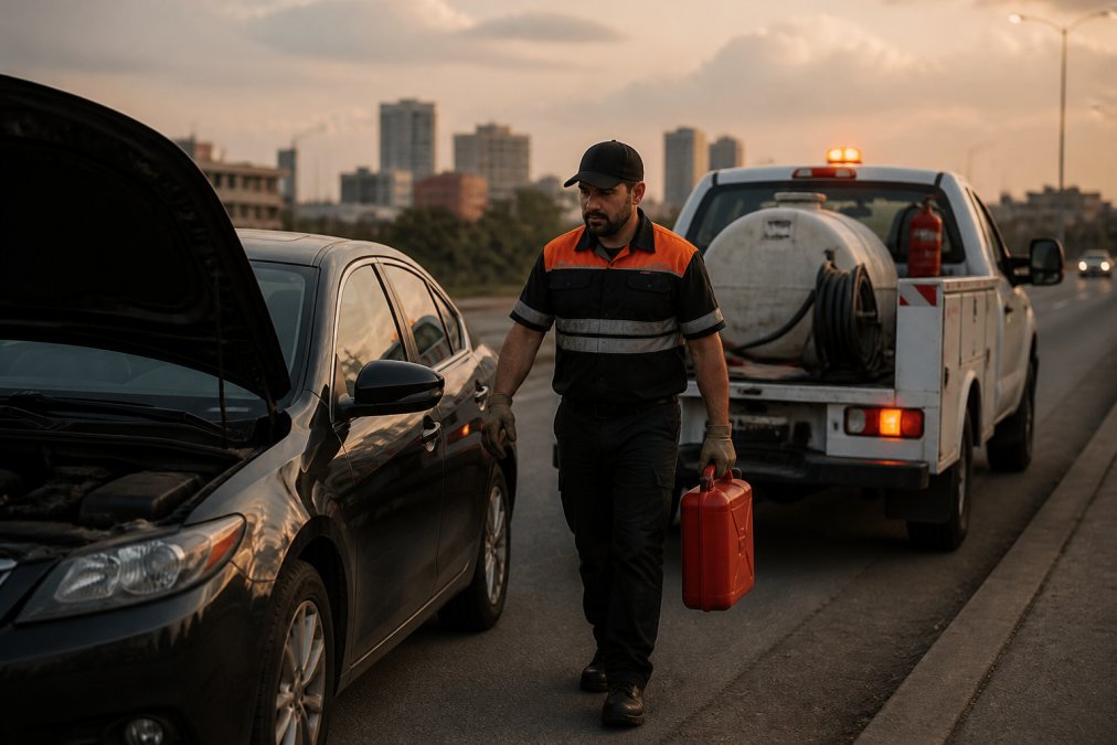 Mobile fuel delivery service truck arriving at a stranded sedan on the roadside near Tulsa, with service technician approaching the vehicle to provide emergency fuel assistance