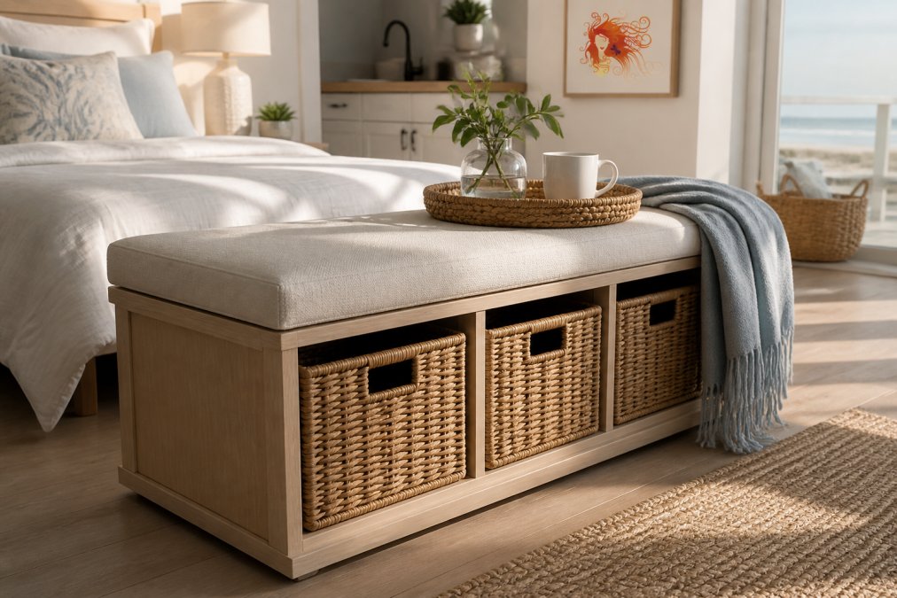 Close-up of multi-functional coastal storage ottoman with natural jute baskets and light wood frame in a compact studio apartment bedroom, morning light streaming through window