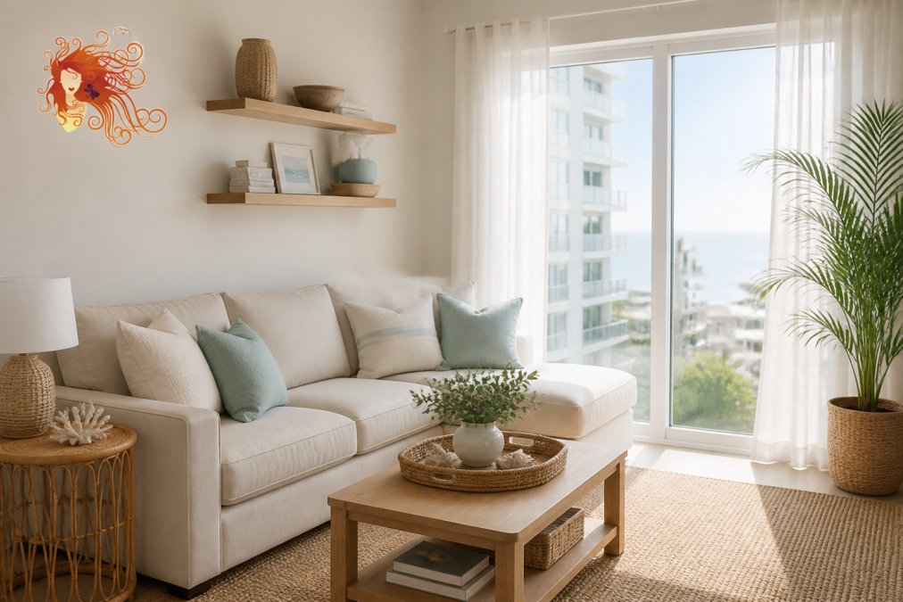 Bright, airy small apartment living room with light wood floating shelves, neutral linen sofa, rattan side table, and large windows with sheer curtains allowing natural light to fill the space with a refined coastal aesthetic