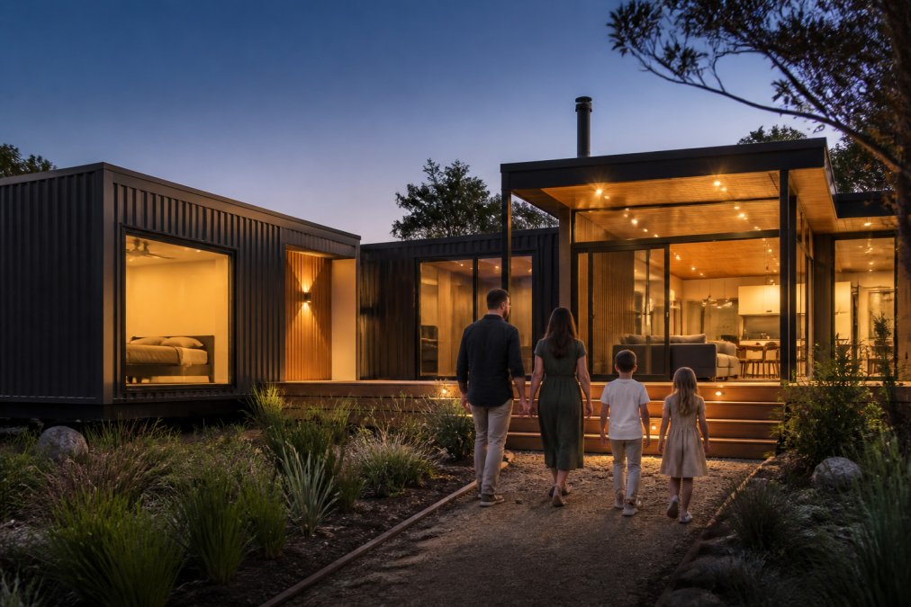 A finished luxury modular home exterior at dusk, with large glass windows, warm interior lighting, timber and steel cladding, landscaped native garden, and a family walking towards the entrance