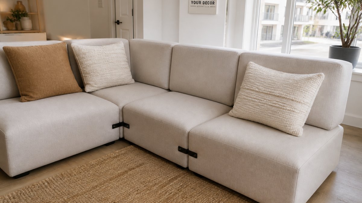 Modern apartment living room with modular sectional arranged in L-shape, showing how individual cushioned modules connect with visible brackets, natural light from window illuminating the flexible seating configuration in compact space
