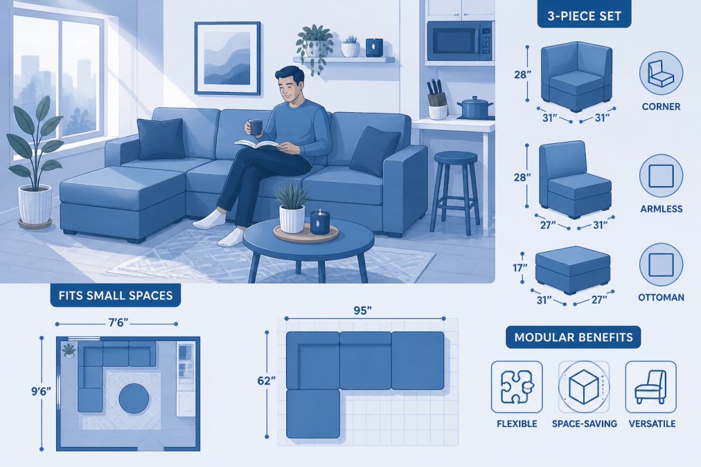 Young professional sitting comfortably on a modular sectional sofa in a compact studio apartment, natural afternoon light streaming through a window, showing how modular pieces fit snugly in small spaces