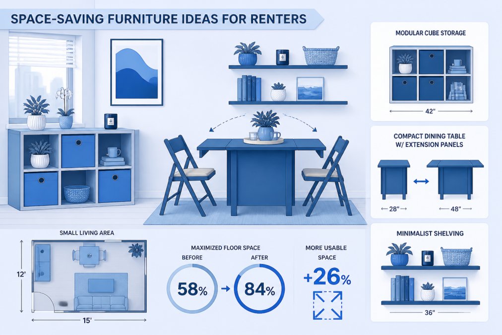 Renter's first apartment with modular cube storage units, a compact dining table with extension panels, and minimalist shelving arranged efficiently to maximize floor space in a small living area, warm natural lighting
