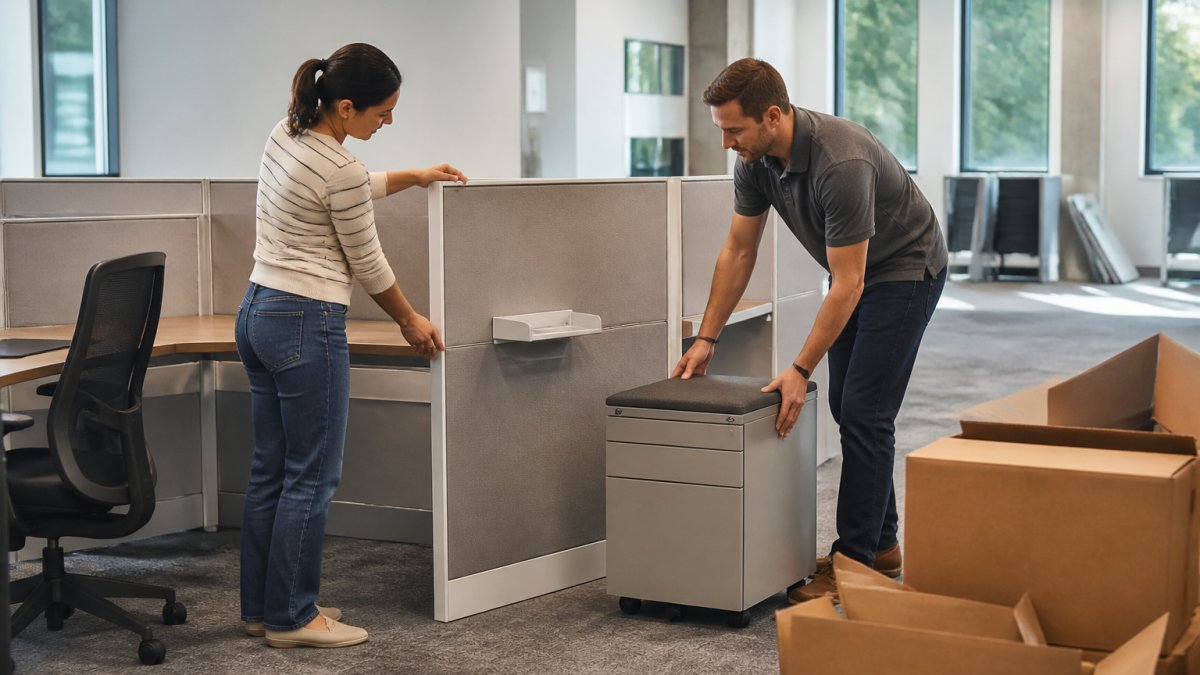 An office manager and a colleague adjusting a modular workstation divider and repositioning a storage pedestal in a bright, partially furnished open office with boxes nearby