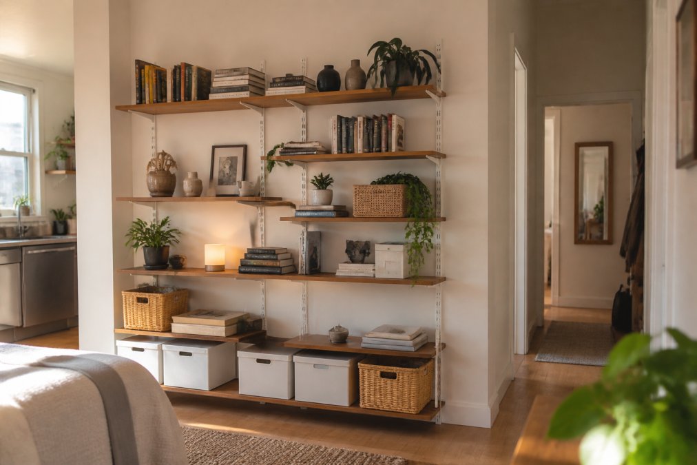 Compact studio apartment with modular shelving units installed on walls, displaying books, decorative items, and storage boxes in organized arrangement with warm natural lighting