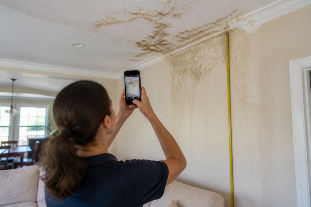 Homeowner measuring and photographing water-stained walls to determine if is mold damage covered by insurance.