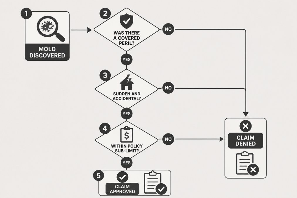 Flowchart outlining the decision process for if is mold remediation covered by homeowners insurance policies.