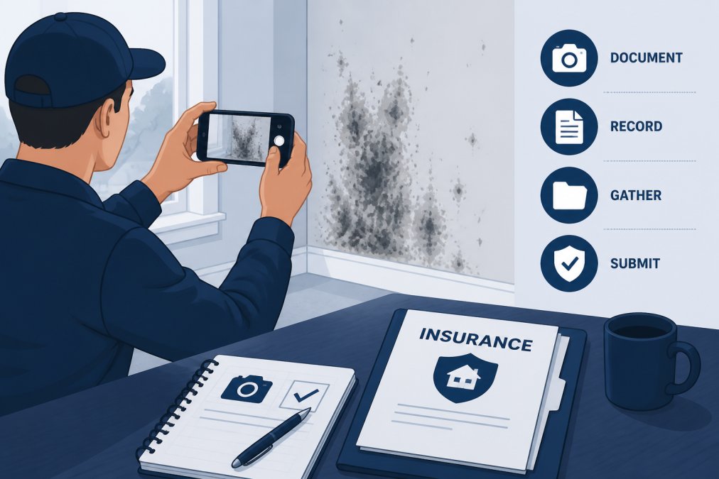 Homeowner photographing mold damage on drywall with smartphone, with notebook and insurance documents visible on nearby table in natural daylight