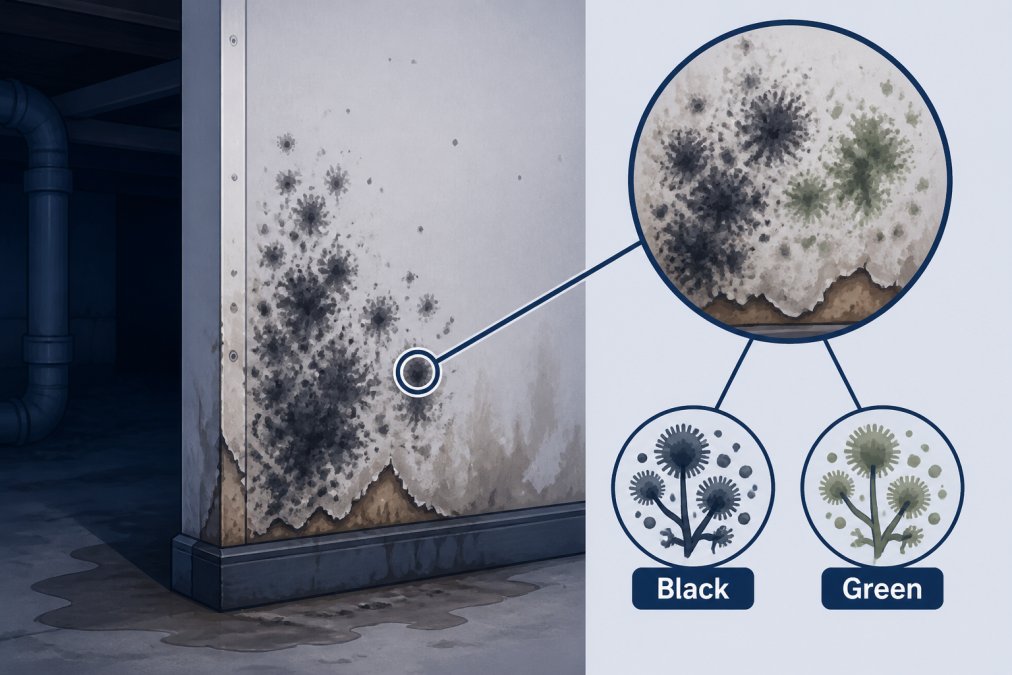 Close-up of black and greenish mold growth visible on drywall with visible moisture damage, showing fungal contamination in poor lighting conditions typical of basement or crawlspace
