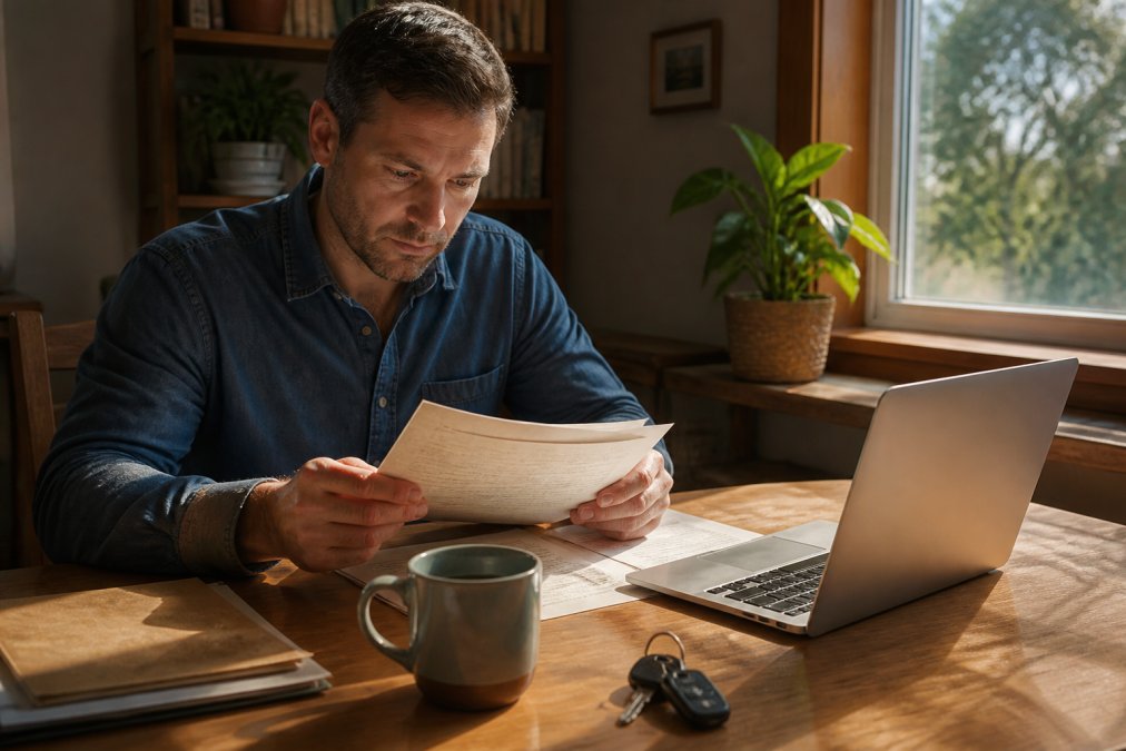 A person reviewing vehicle registration paperwork at a wooden desk with a laptop, a coffee mug, and car keys nearby in a home office with warm afternoon light