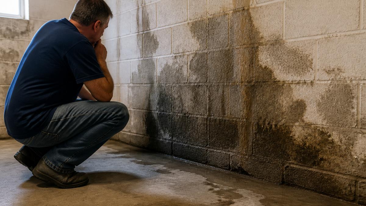 Diagram showing how neglected monthly home maintenance leads to basement water damage and mold growth.