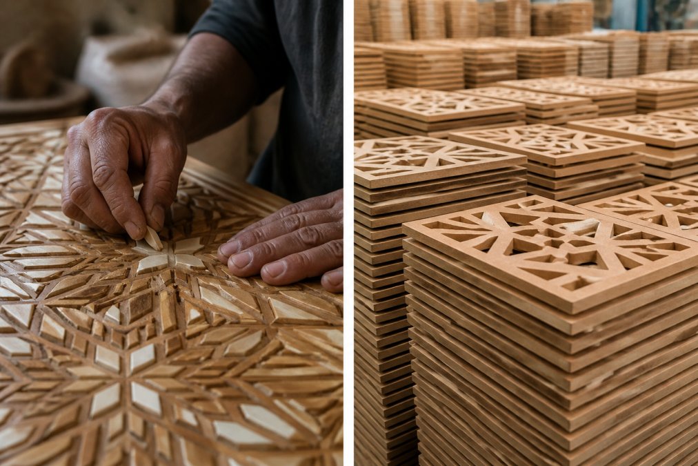 Close-up of an artisan's hands carefully pressing small camel bone pieces into a carved wooden panel, warm workshop light illuminating the intricate geometric pattern