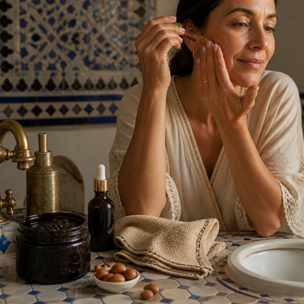 Woman in her forties applying argan oil as part of her daily Moroccan skin care routine at a vanity.