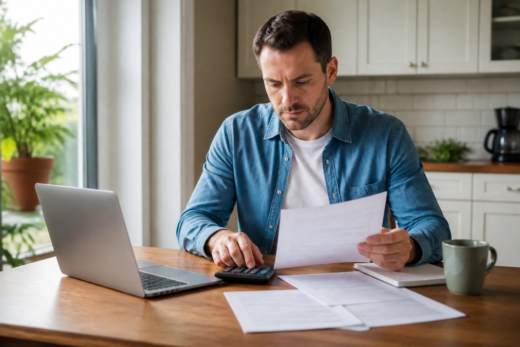 Homeowner sitting at kitchen table with laptop, calculator, and mortgage documents spread out, reviewing refinancing options with focused expression, natural afternoon light from window