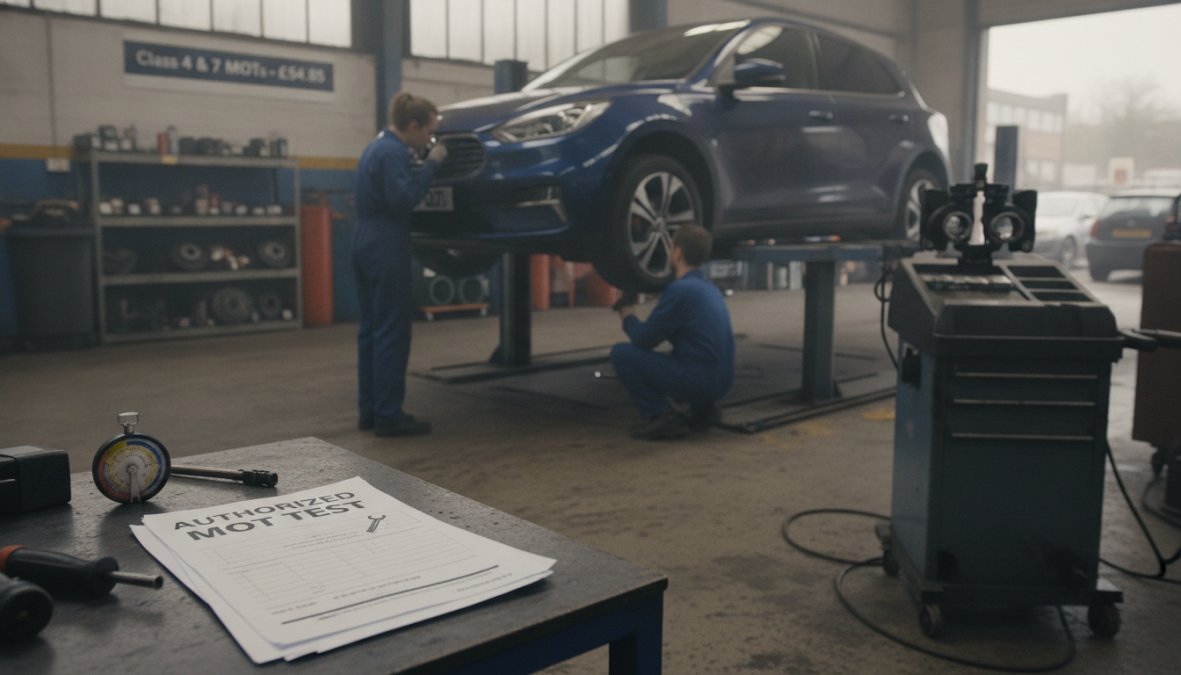 Authorised MOT examiner conducting safety inspection on a vehicle, checking brake components and undercarriage in a professional test centre with workshop lighting