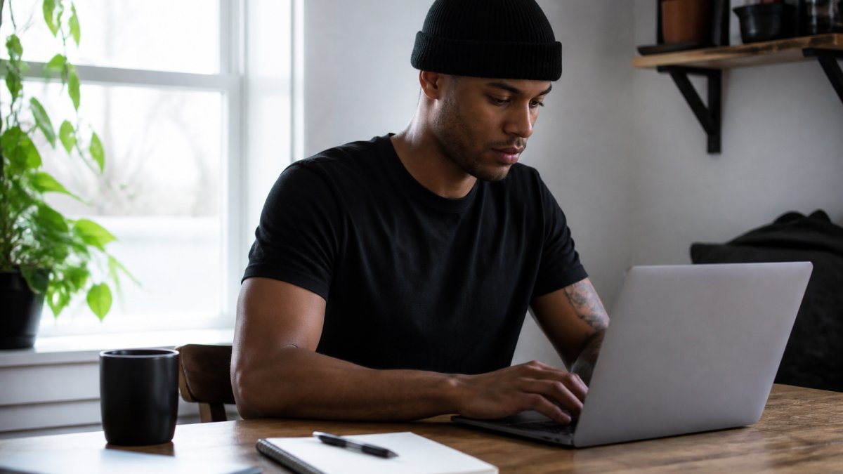 A young entrepreneur wearing a black logo t-shirt and beanie, working on a laptop at a tidy home desk with a notebook and coffee nearby, morning light through a window