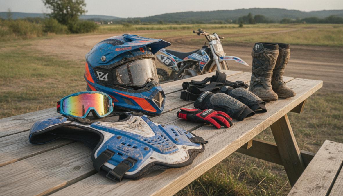 Young motocross rider wearing full protective gear including helmet, chest armor, gloves, and boots, standing confidently next to dirt bike on track