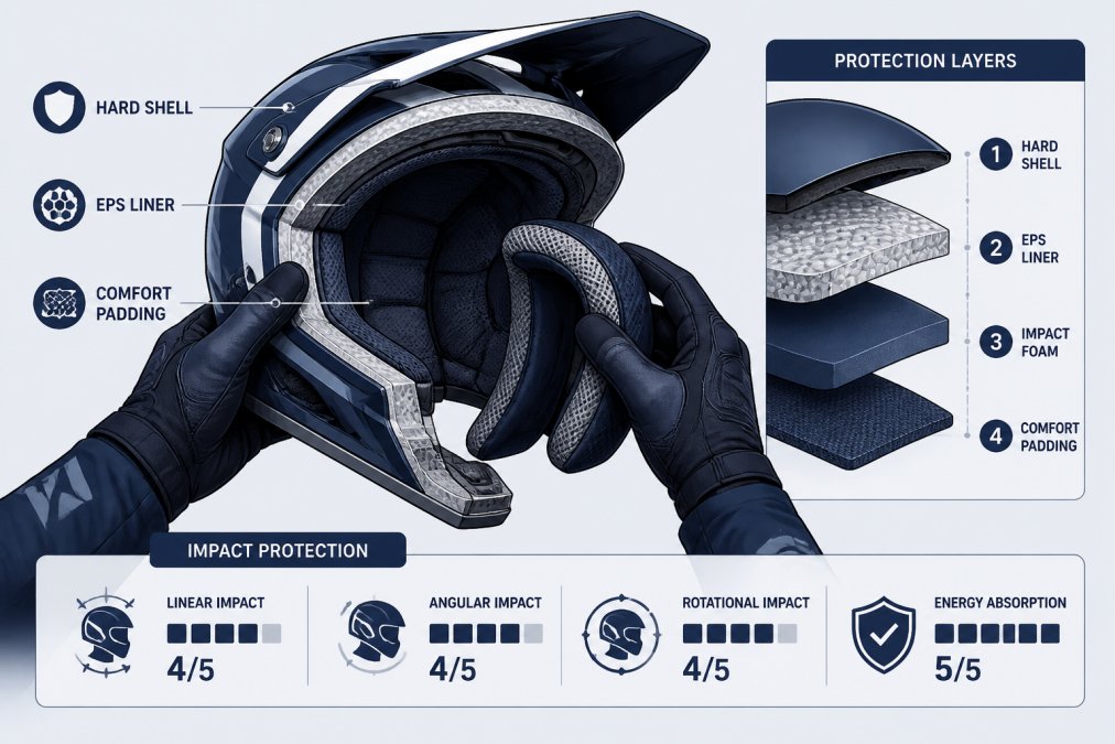 Hands examining the interior padding and shell construction of a premium motocross helmet, showing the protective materials, foam layers, and hard shell design in detail