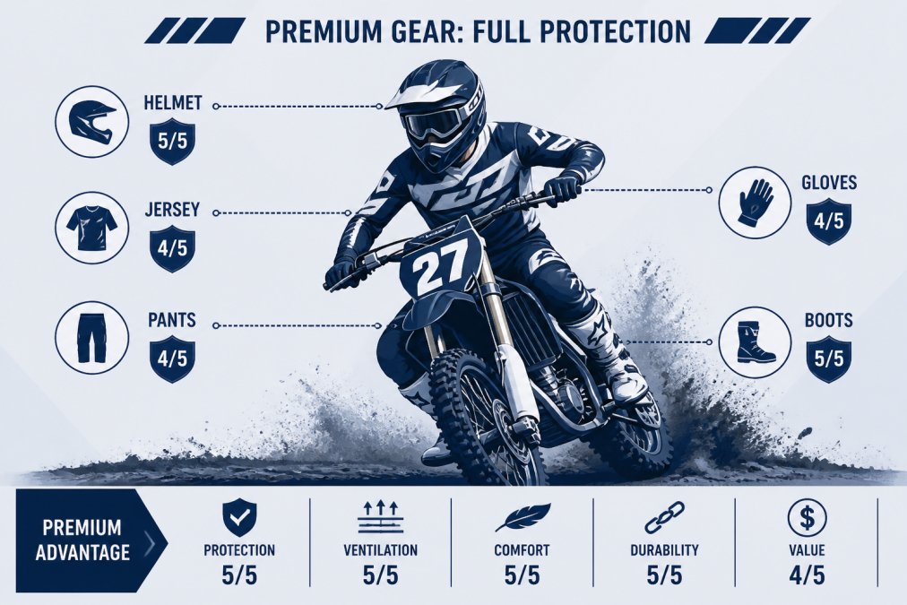 Professional motocross rider wearing full premium protective gear on a dirt track, showing jersey, pants, boots, helmet, and gloves in action during a ride, with dust and motion visible