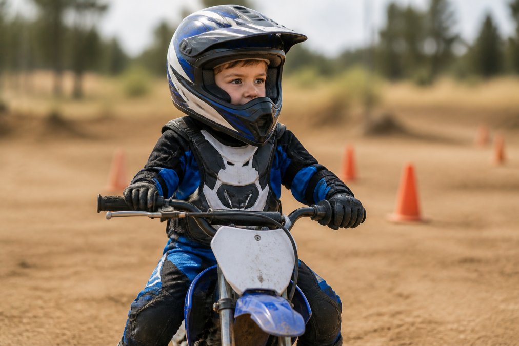 Young child wearing properly fitted motocross helmet with face shield, chest protector, and protective gloves sitting on a small dirt bike in a training area