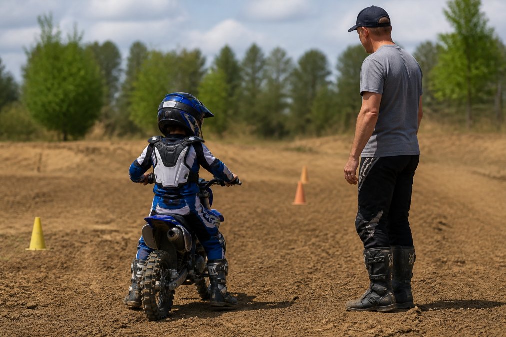 Child rider on small displacement dirt bike practicing in a closed training area with adult instructor standing nearby supervising the session in daylight
