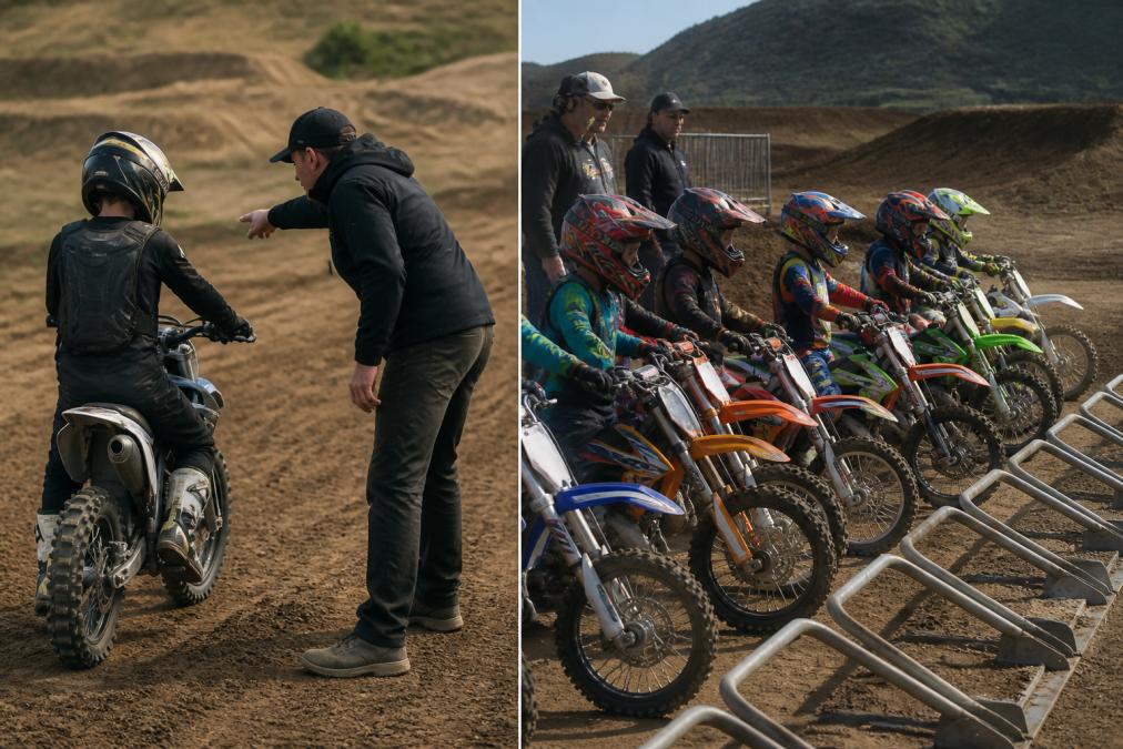 Group of young motocross riders lined up at the starting line on a dirt track, wearing helmets and protective gear, preparing for a group training session with coaches watching from the sidelines