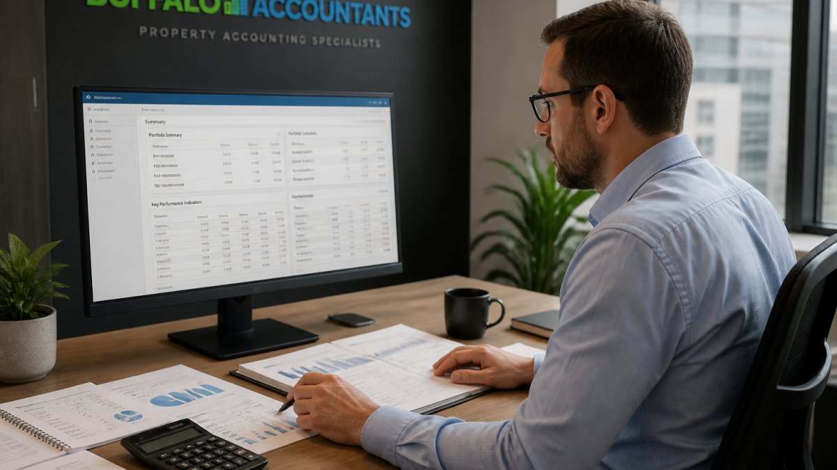A real estate asset manager reviewing portfolio performance dashboards on a large monitor in a modern office, with printed financial reports and a calculator on the desk