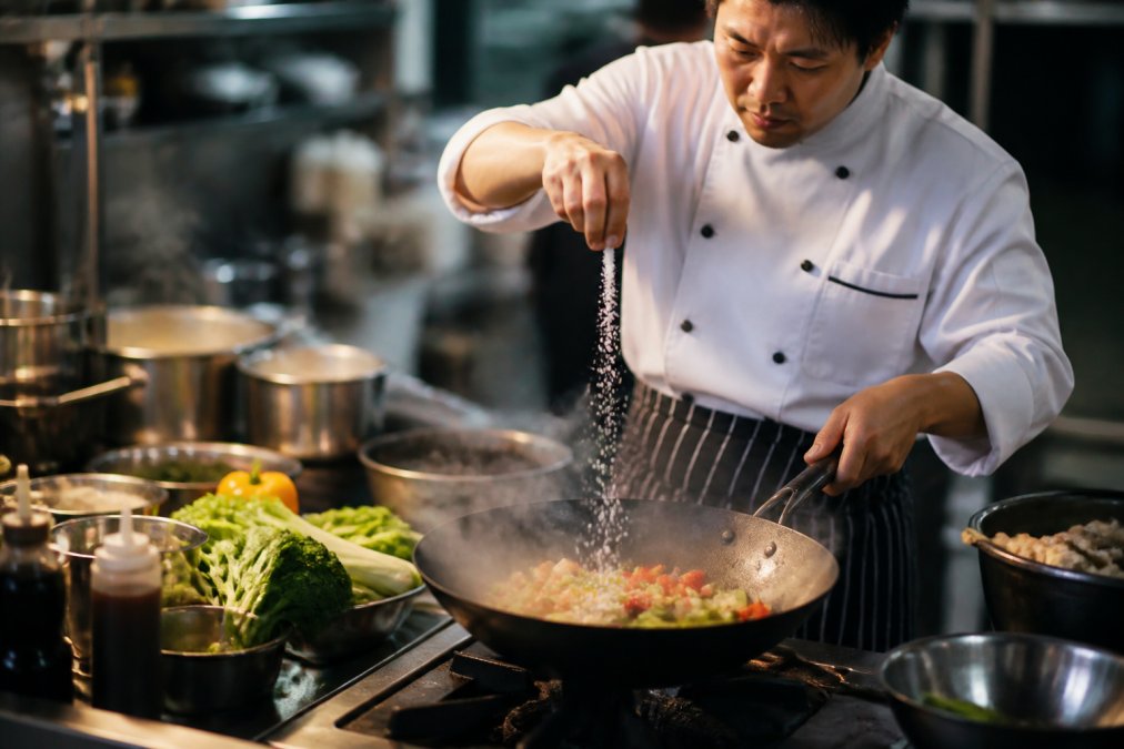 A chef sprinkles seasoning into a sizzling wok, challenging the myth that msg bad for you in professional cooking.