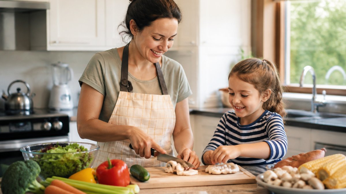 Parent and child preparing a home-cooked meal together in a bright kitchen, with fresh vegetables and whole ingredients visible on the counter