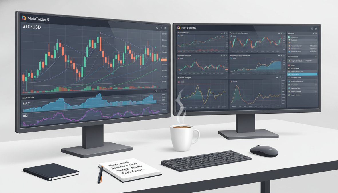Close-up of a trader's dual-monitor desktop setup displaying cryptocurrency price charts and technical indicators on MetaTrader 5, with a coffee mug and notepad on the desk beside a notepad with handwritten notes