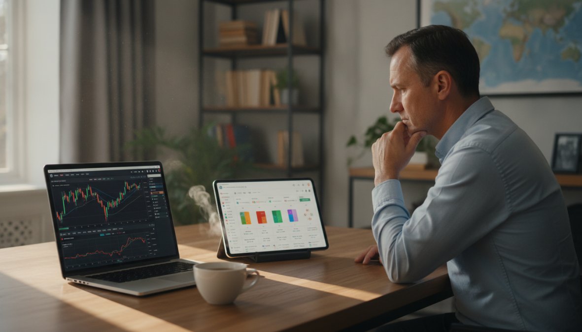 A focused professional trader reviewing side-by-side trading platform screens on a laptop and tablet in a modern home office environment, with natural light coming through a window and a cup of coffee on the desk