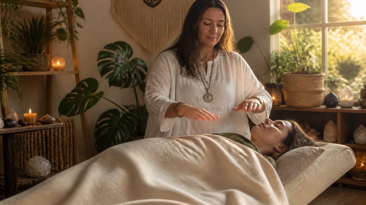 Serene healing room featuring a comfortable cushioned chair, soft ambient lighting, and lush potted plants.
